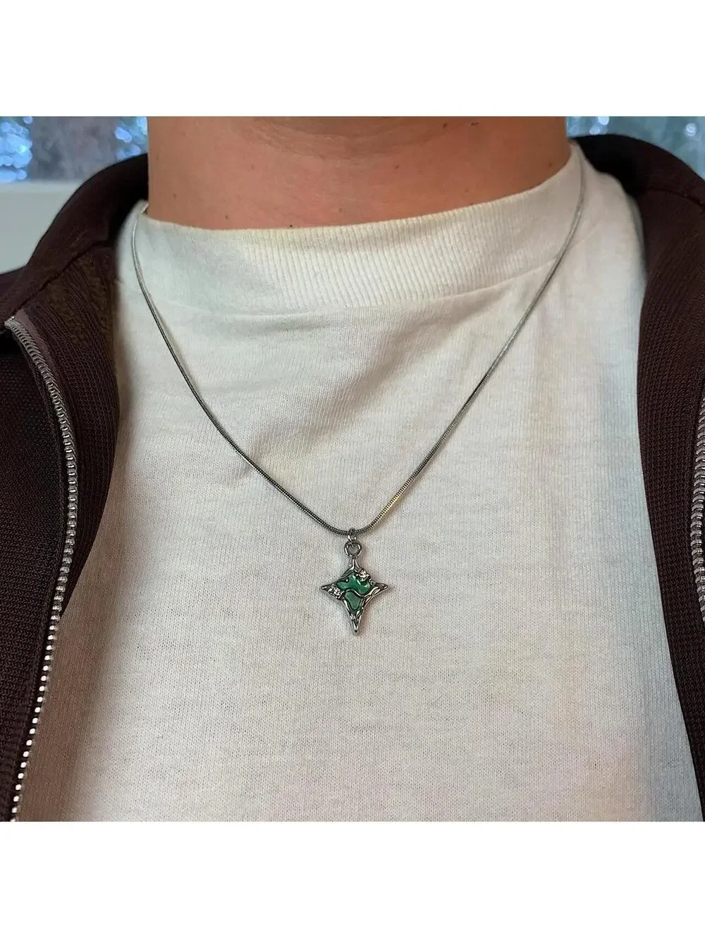 Y2K Cyber Melted Green Opal Star Silver Rope Chain Necklace Unisex